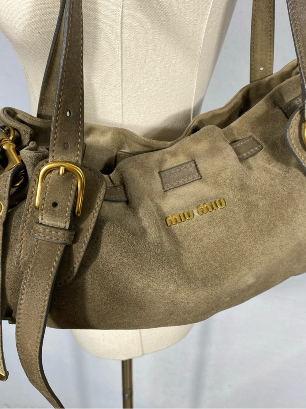 Miu Miu Olive Green Suede Shoulder Tote with Gold Hardware 90s Y2K - Picture 12 of 13